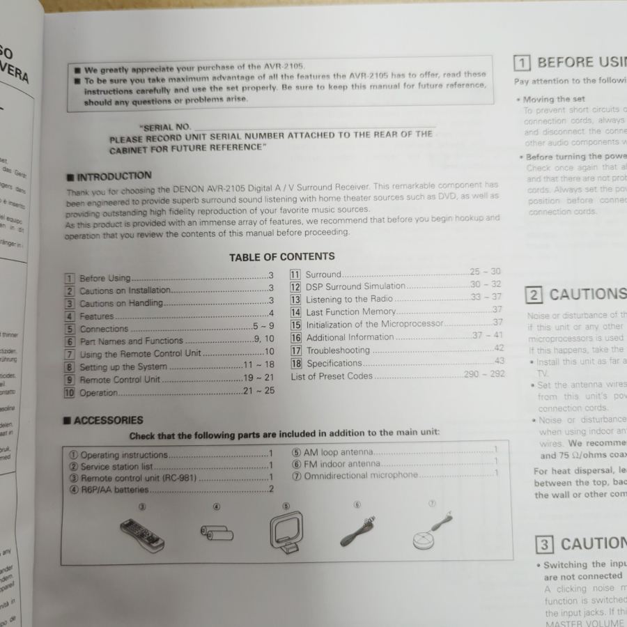 Denon AVR-2105 AV Surround Receiver Owners Manual – image 2