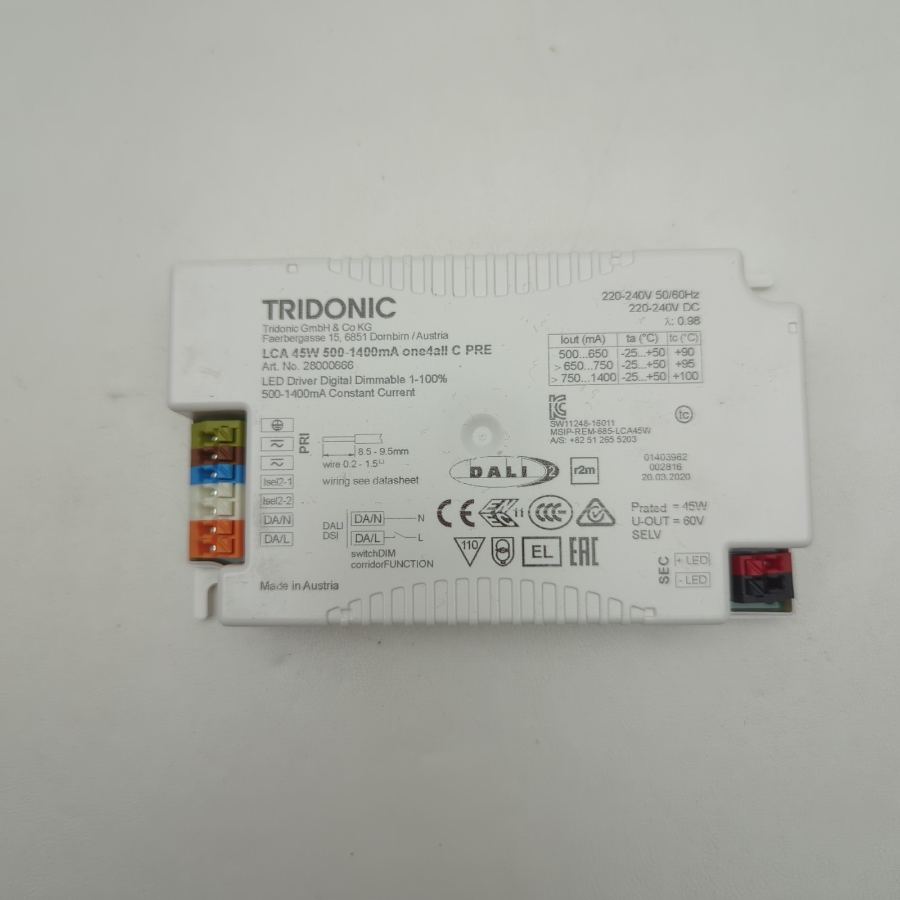 Representative photograph of Tridonic LCA 45w 500ma-1400ma LED Digital dimmable 1-100% driver 28000666