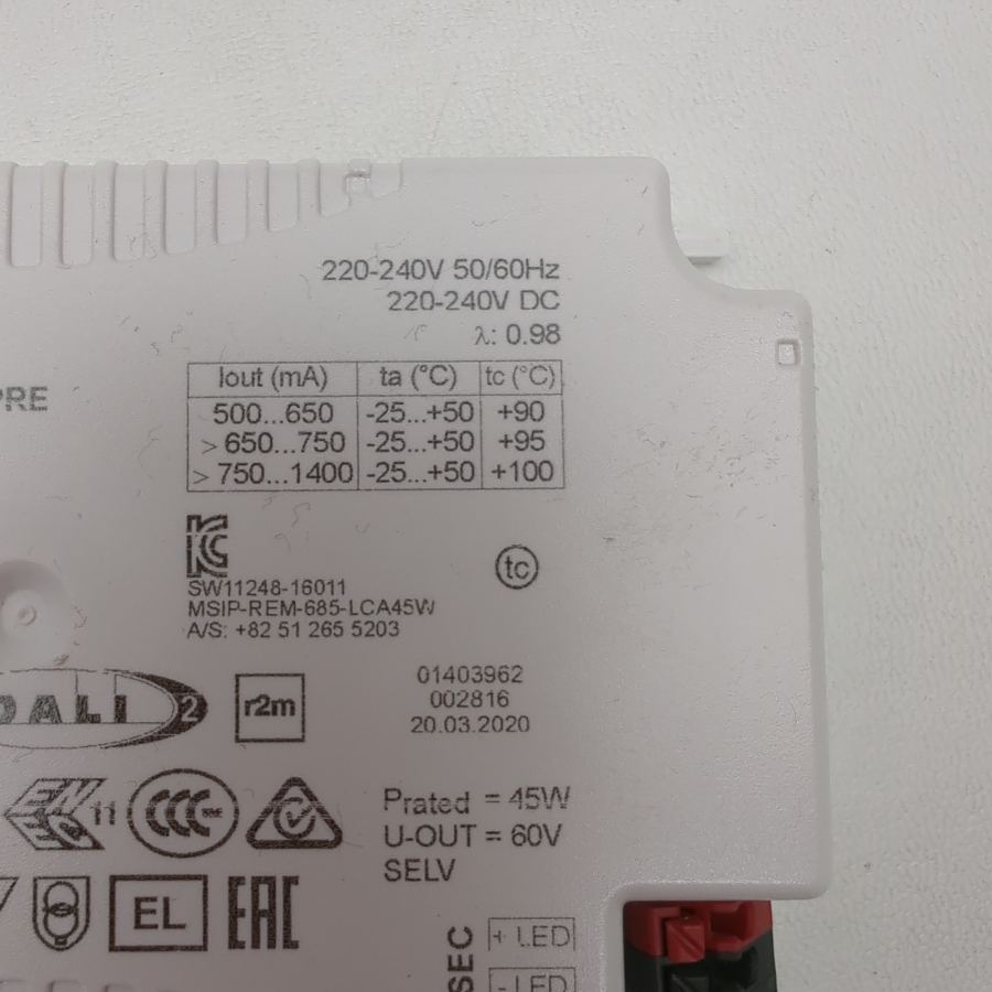 Representative photograph of the same model: Tridonic LCA 45w 500ma-1400ma LED Digital dimmable 1-100% driver 28000666 – image 5