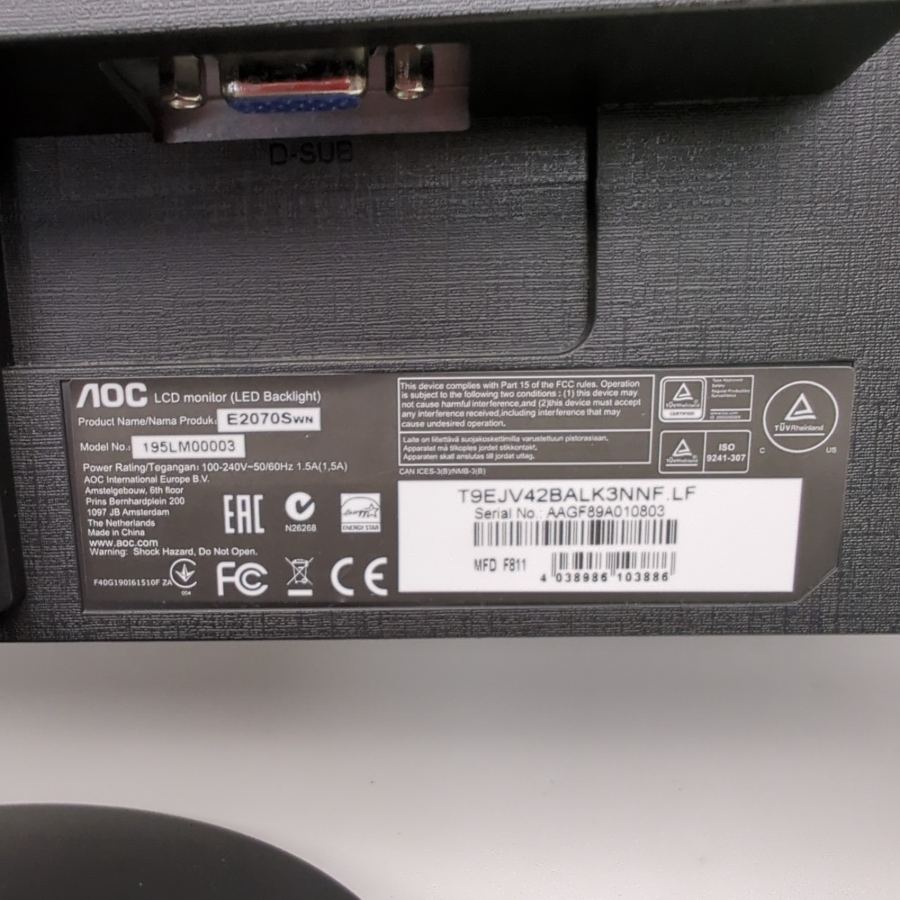 AOC 19.5" LCD Monitor (LED Backlit) E2070SWN With Stand, VGA & Power Cable – image 2