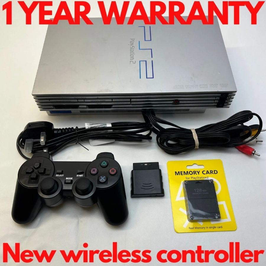 Sony PS2 Silver Console & WIRELESS Controller Memory card PlayStation 2